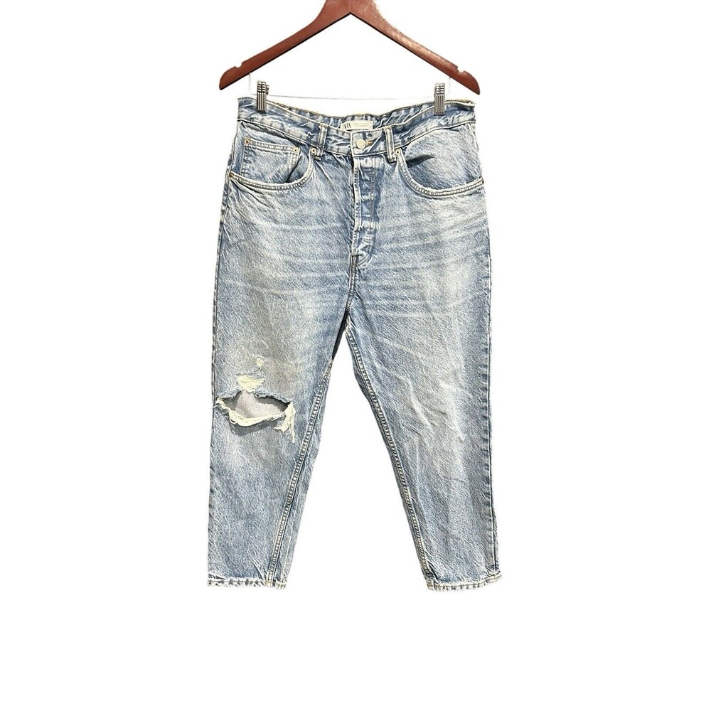 Zara Mens Jeans Carrot Relaxed Fit US Size 32 Light Washed Distressed Casual